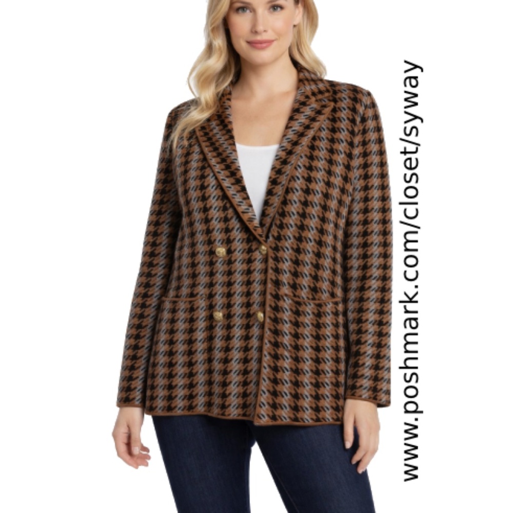 Joie Stretch Houndstooth Old Money Knit Jacket Double Breasted Blazer Cardigan